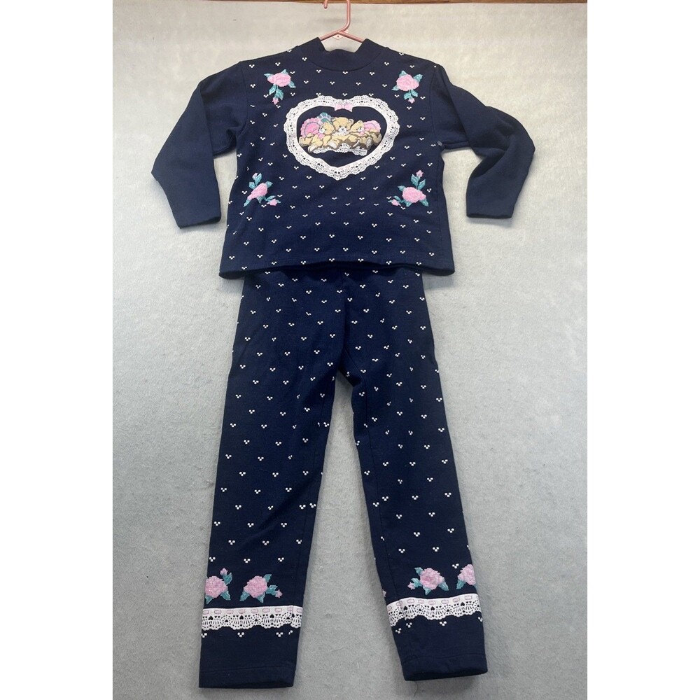 Spumoni Hello Teddy 90s Vintage Girls Sweatshirt Pants Set 12-14 Large Navy
